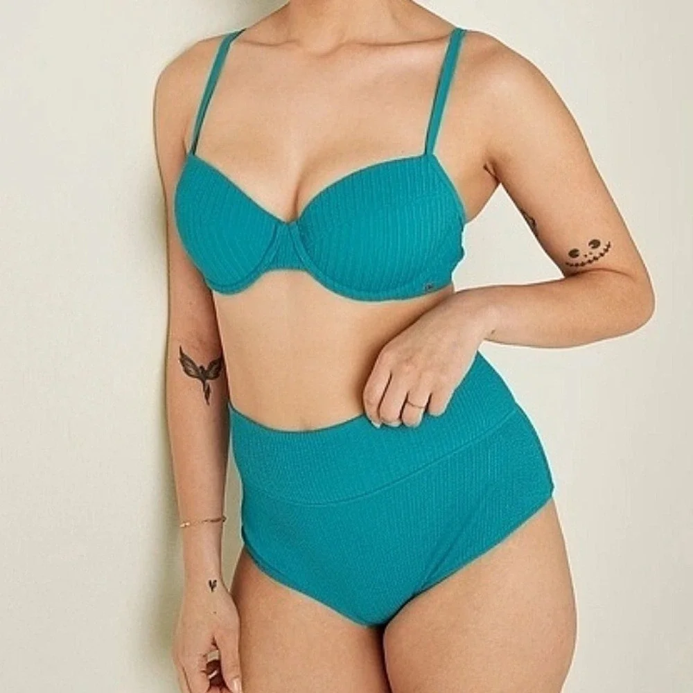 VS Pink Crinkle High Waist Bikini Set Sz L/MDD Teal Underwire Ribbed
